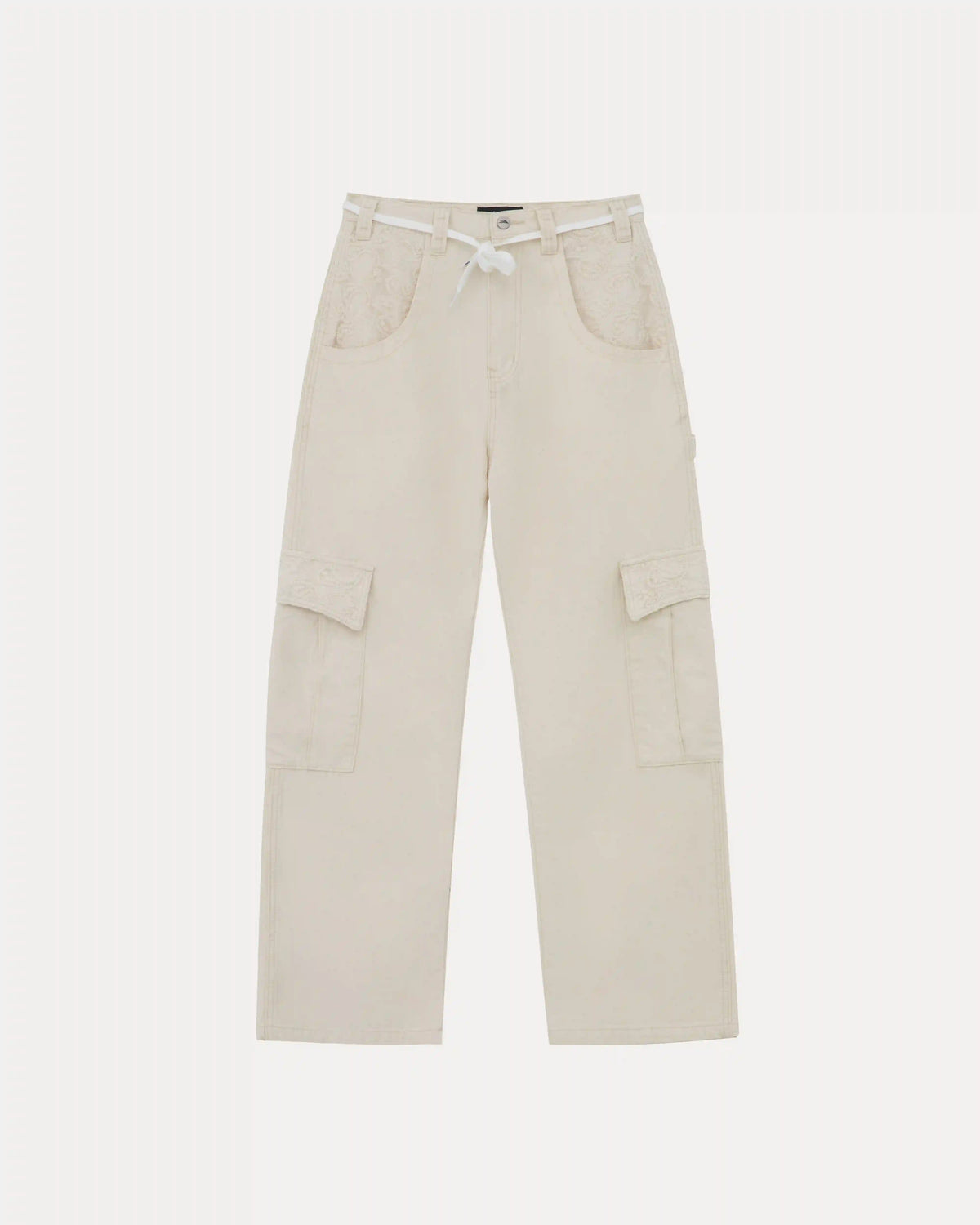 Wide-Leg Lace Applique Cargo Pant - Natural