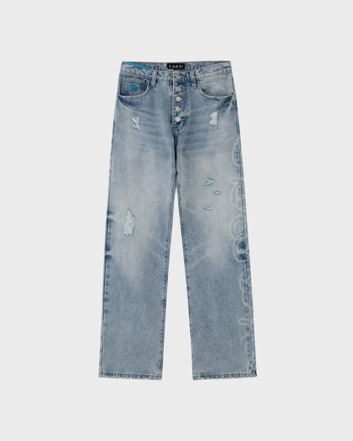 Distressted/Etched Straight Leg Denims - Washed Indigo
