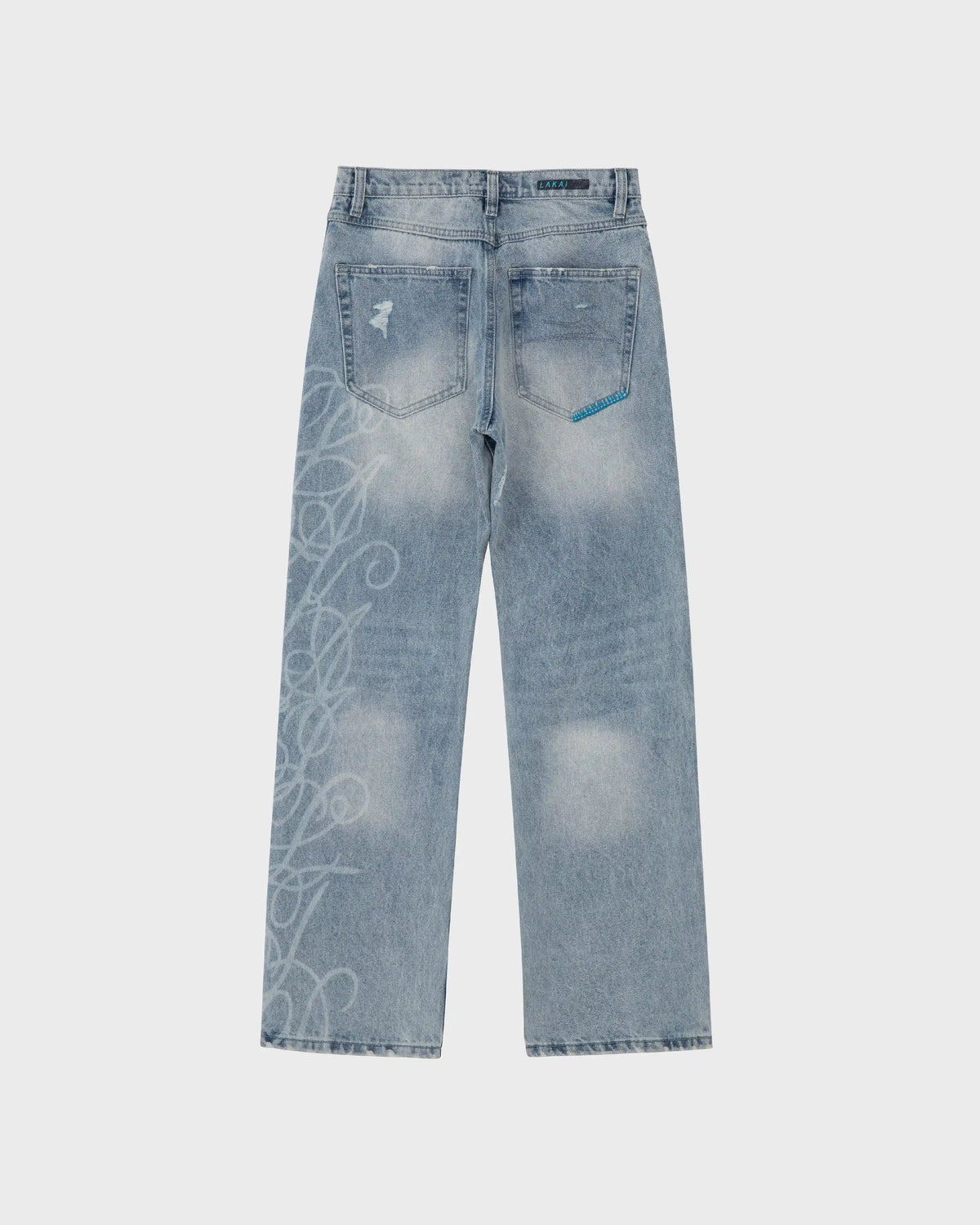 Distressted/Etched Straight Leg Denims - Washed Indigo